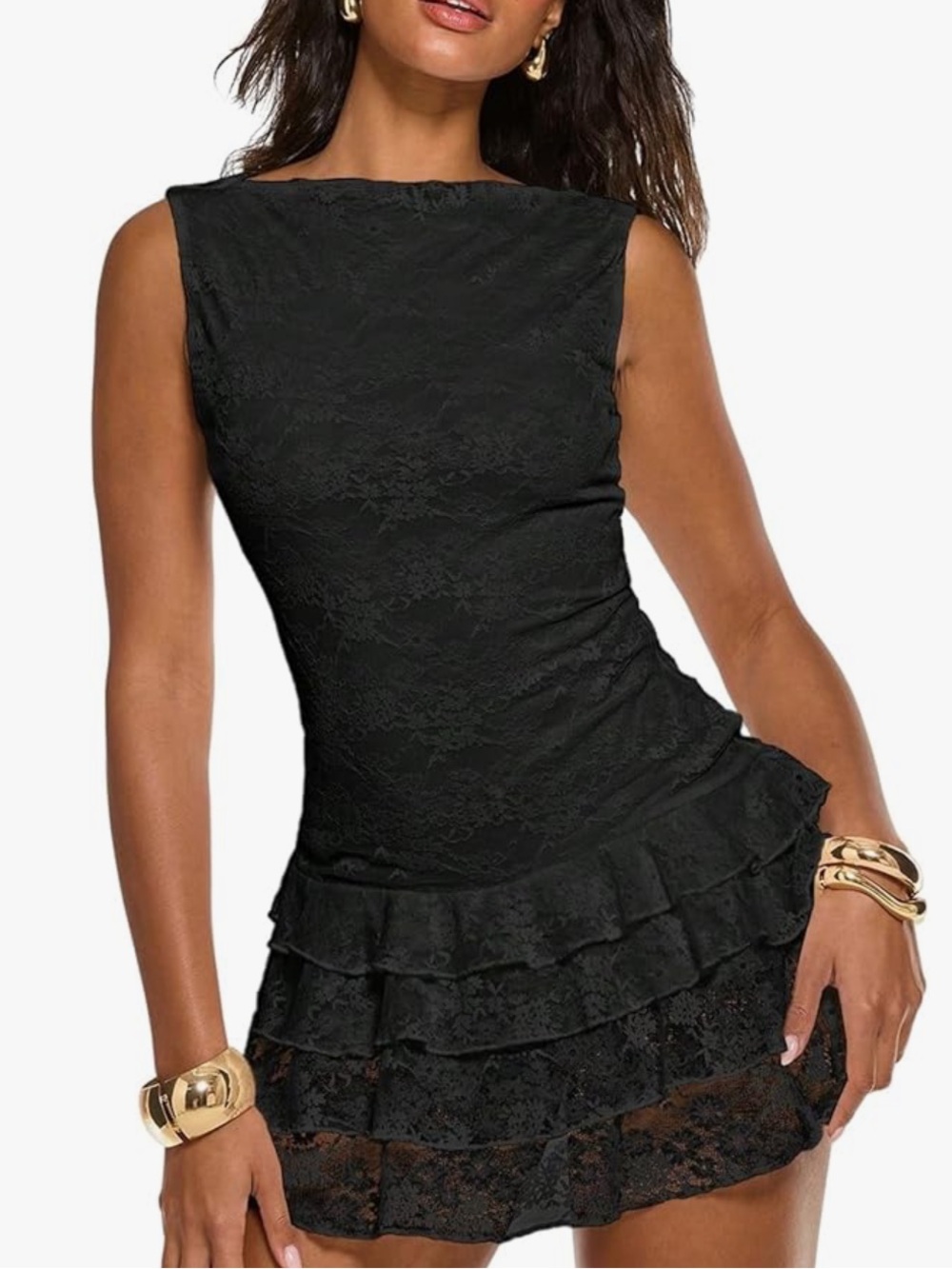Floerns Black Lace Tiered Mini Dress Sleeveless Women's Dress